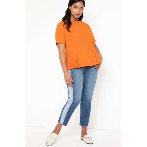 Eloquii Women's Rust Orange Crepe Knife Pleats Hem Crew Neck Back Keyhole Top 18 - Picture 3 of 8